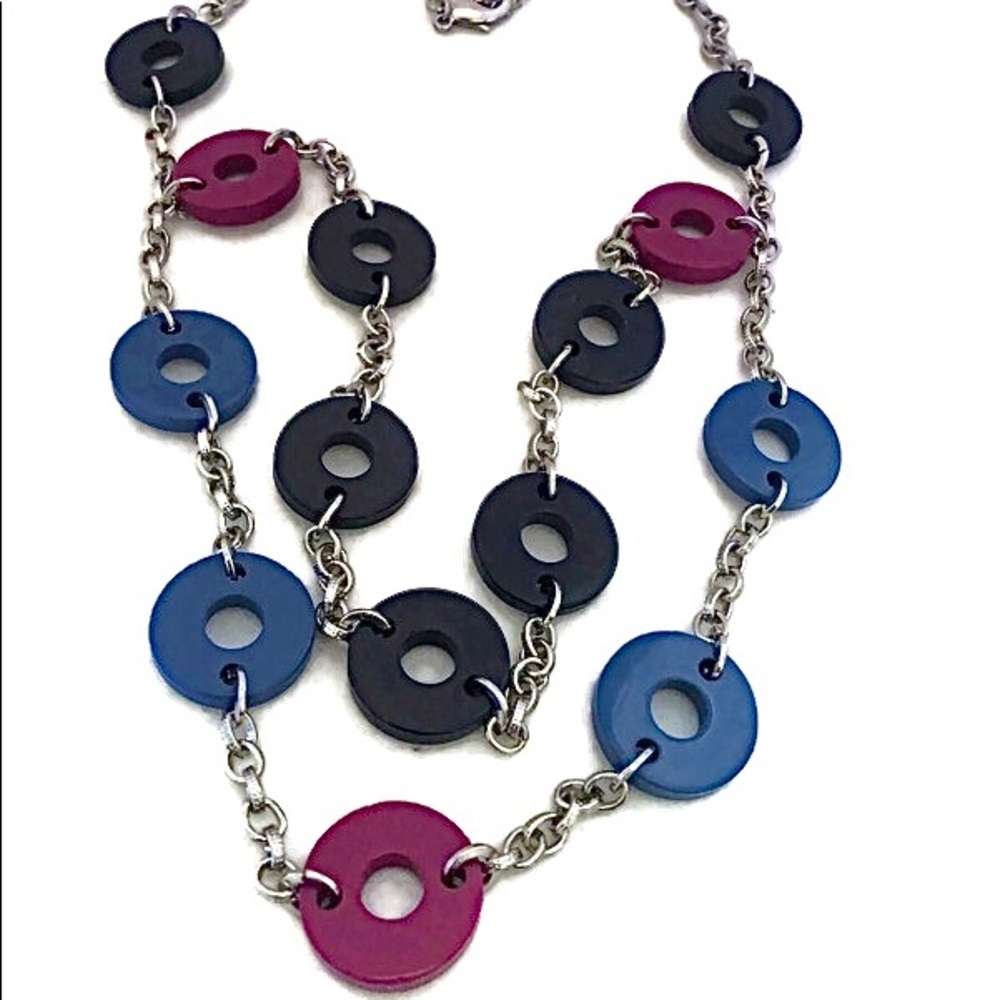 Circle Silver Tone Chain Links 2 Strand Necklace